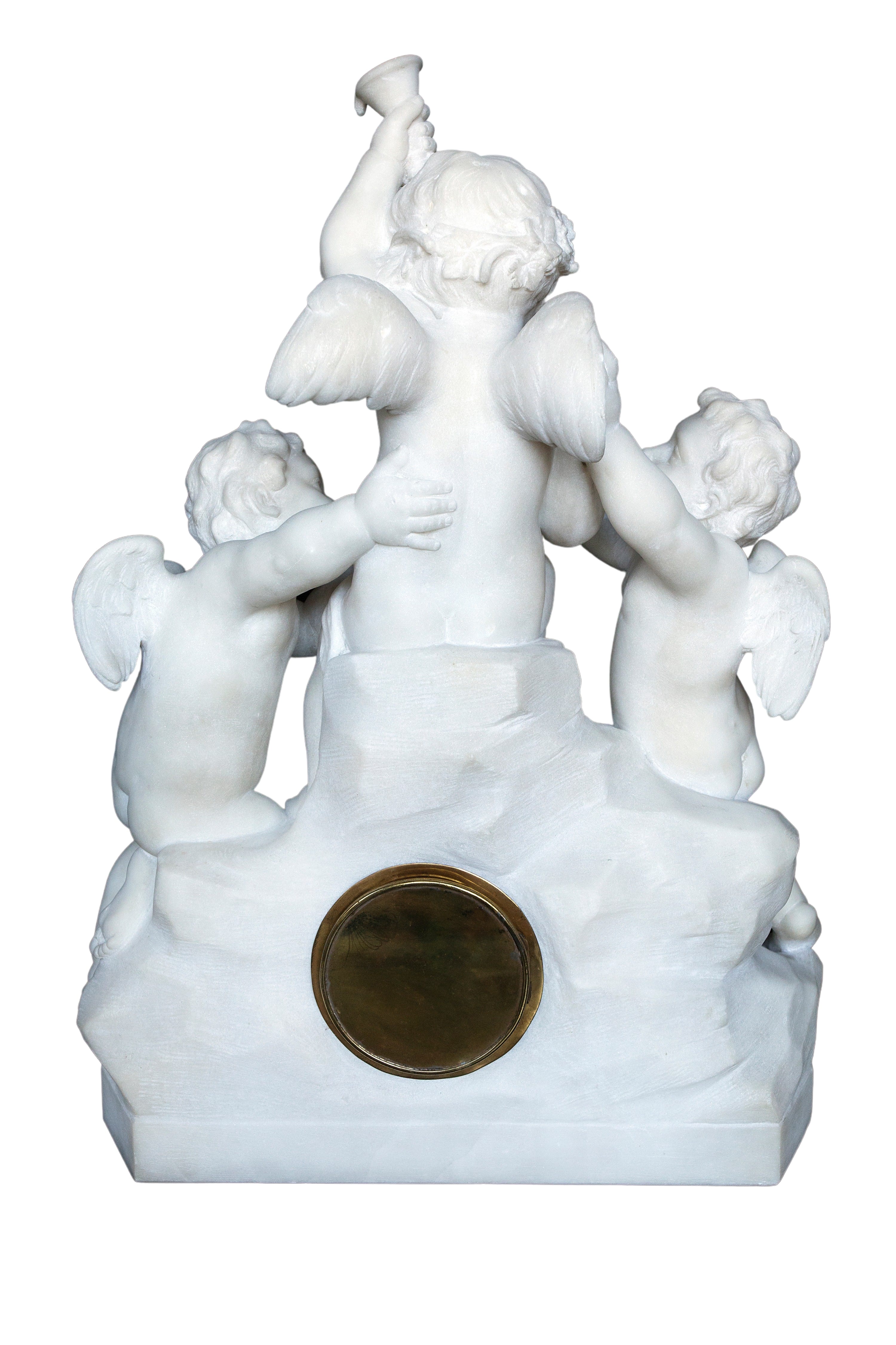 Carrara marble clock made in a shape of a sculpture depicting angels