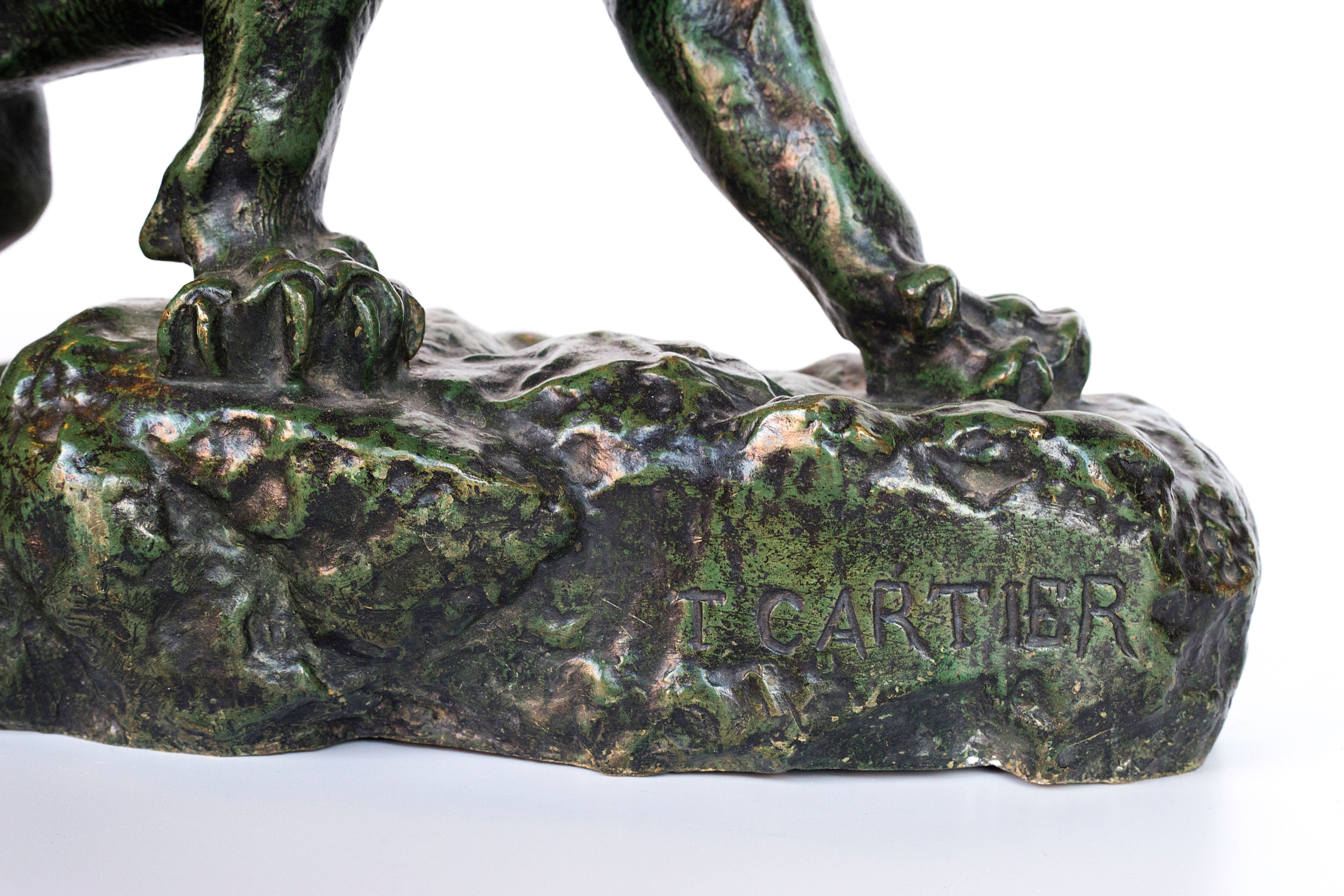 19th century Bronze with green patina Roaring panther by Thomas Francois Cartier