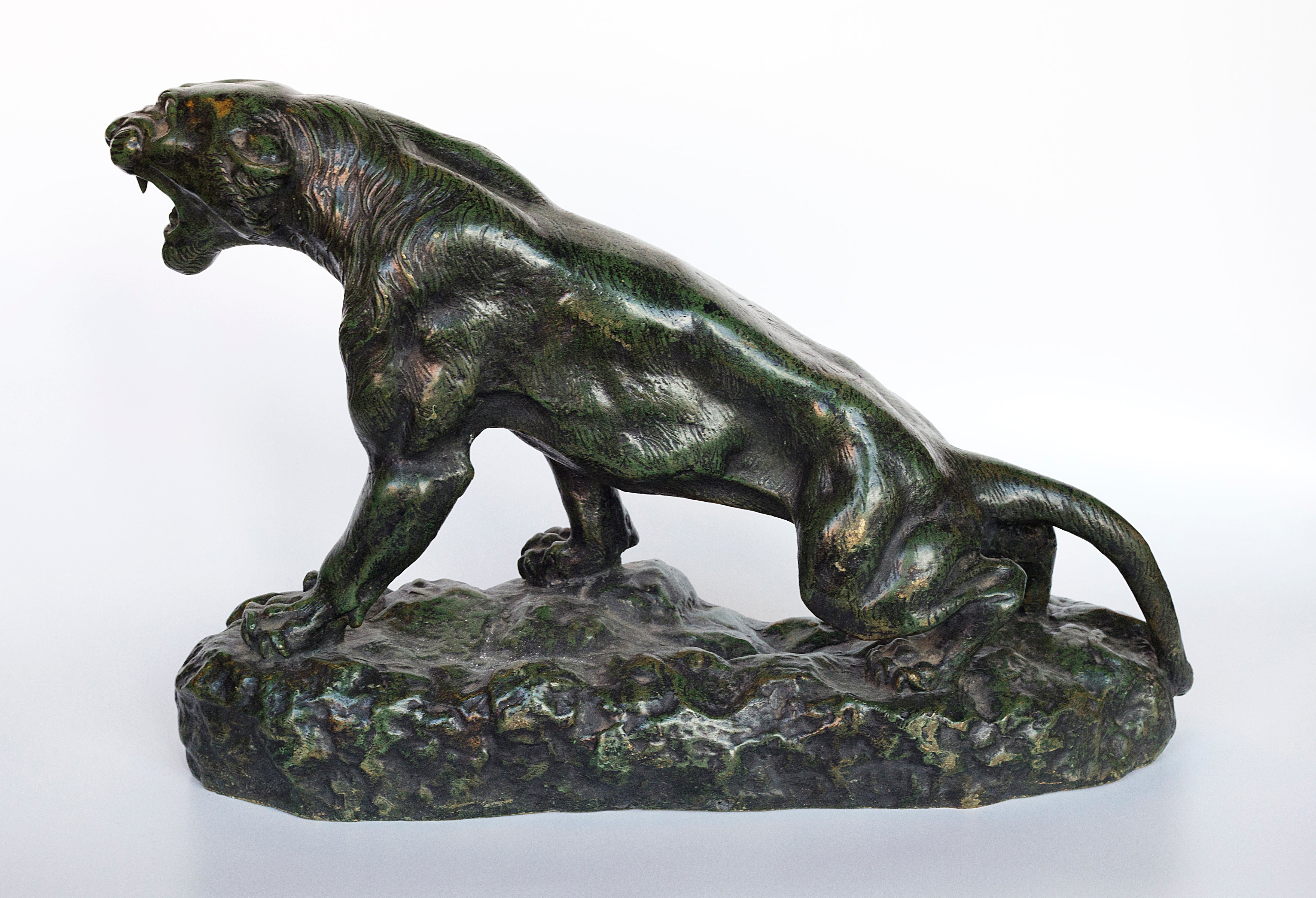 19th century Bronze with green patina Roaring panther by Thomas Francois Cartier