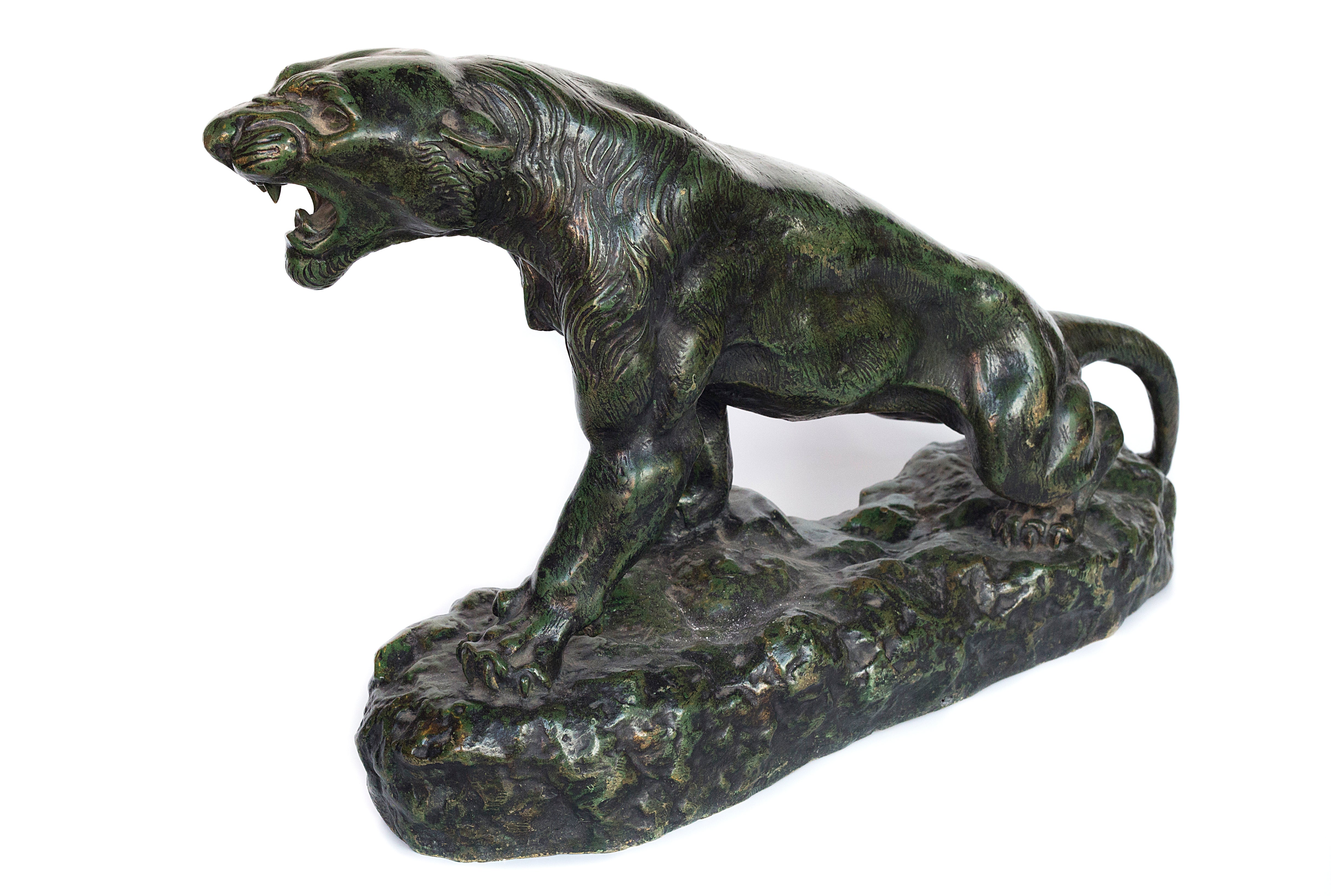 19th century Bronze with green patina Roaring panther by Thomas Francois Cartier