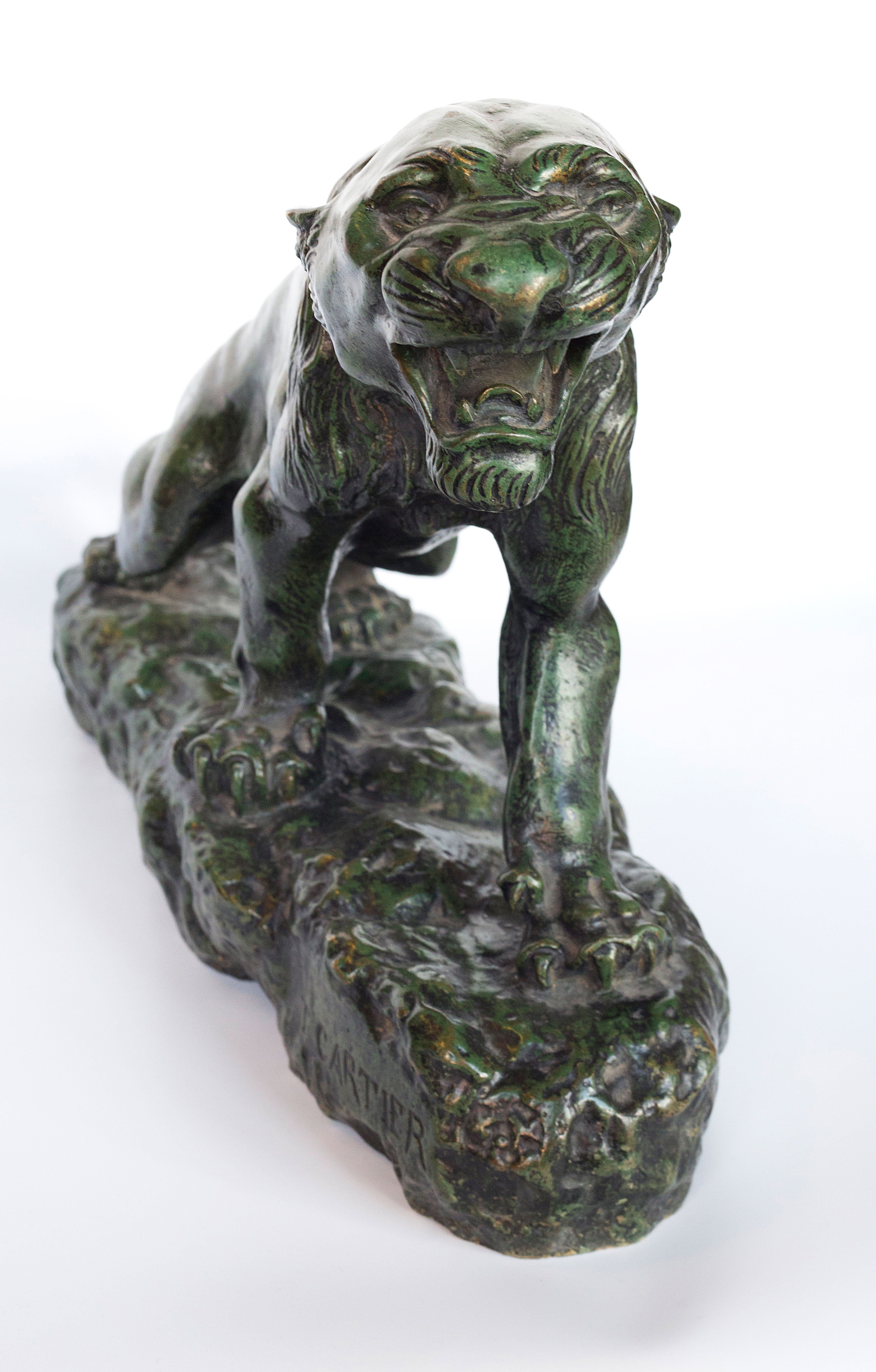 19th century Bronze with green patina Roaring panther by Thomas Francois Cartier