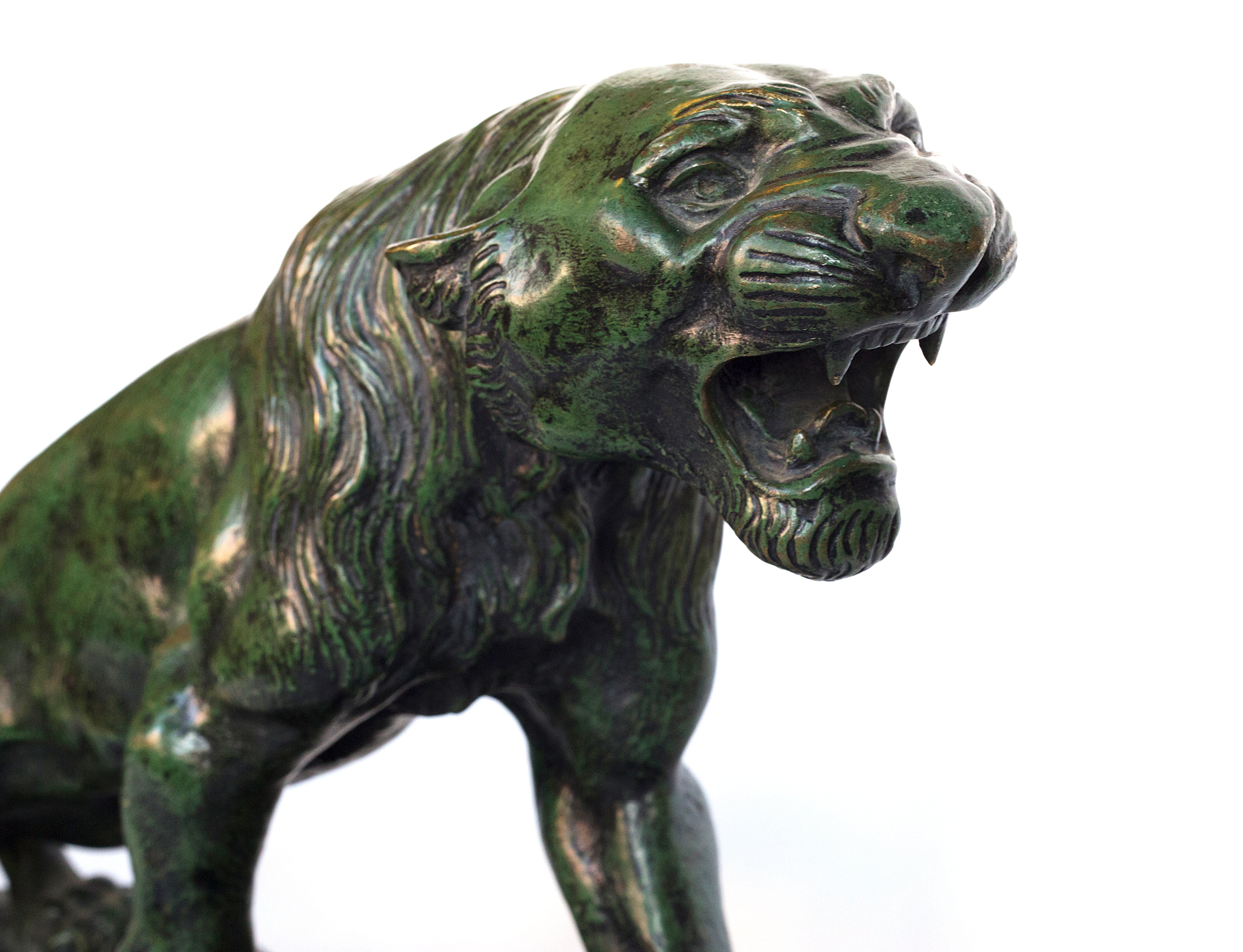 19th century Bronze with green patina Roaring panther by Thomas Francois Cartier