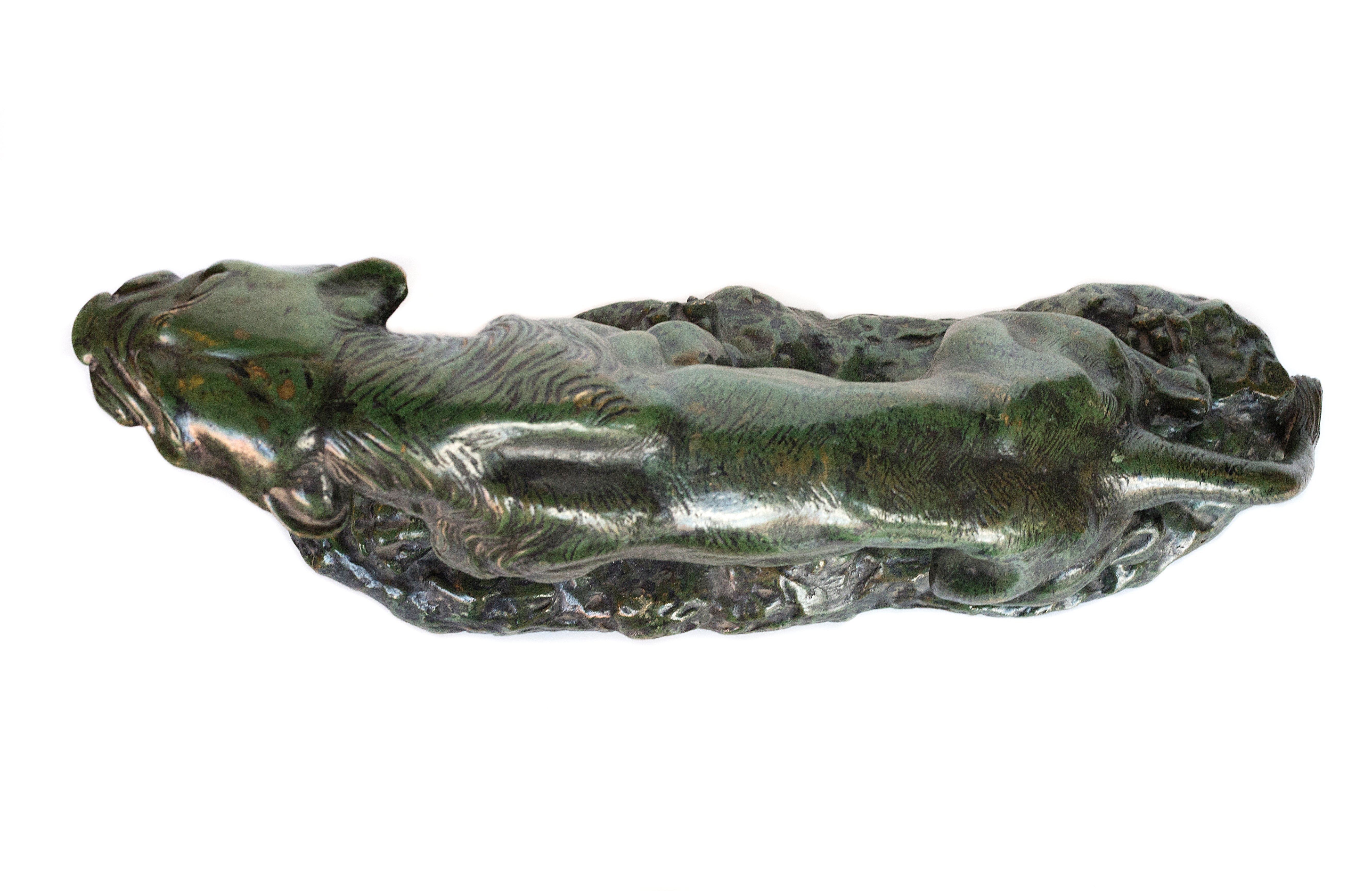 19th century Bronze with green patina Roaring panther by Thomas Francois Cartier