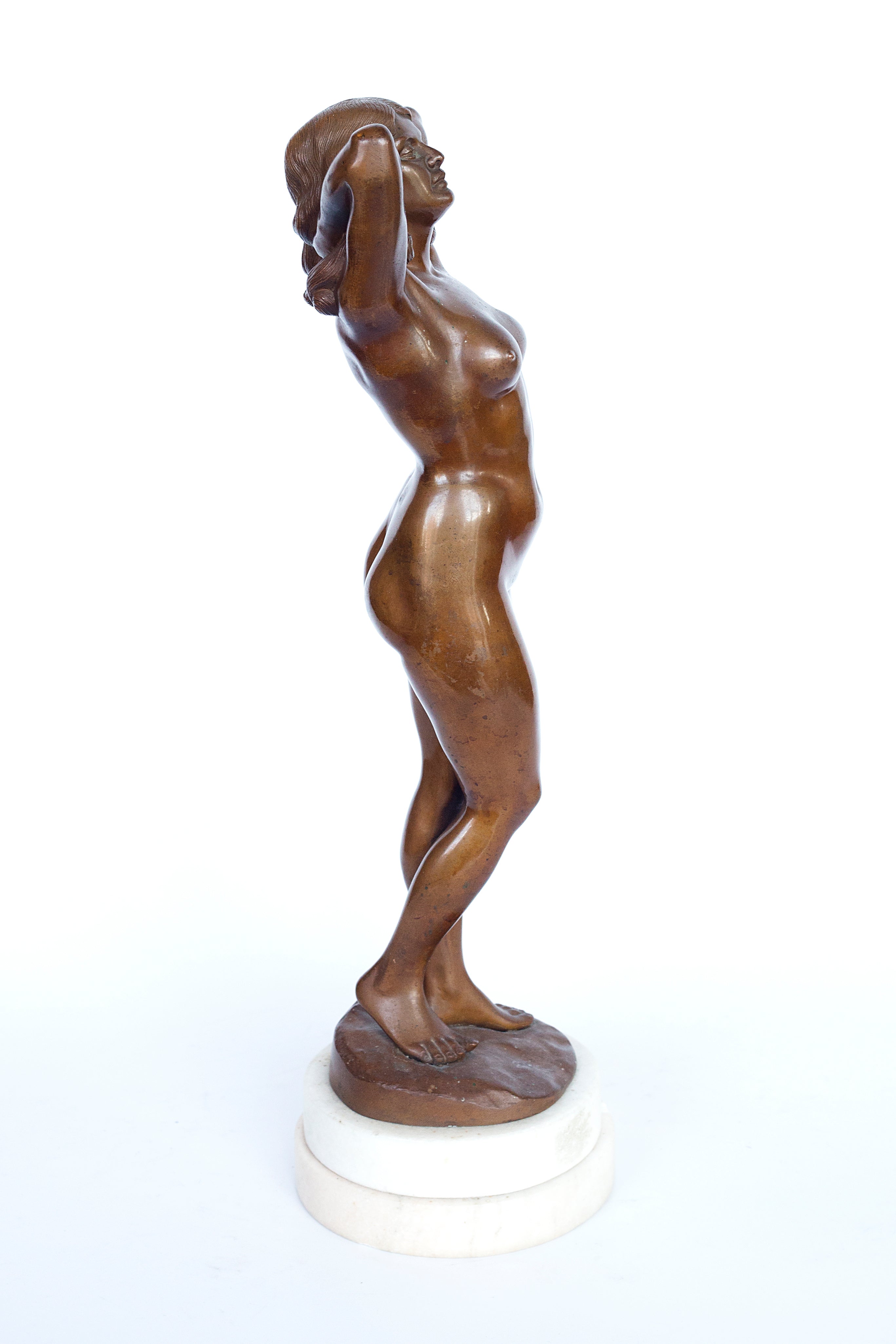 Bronze figure of a nude woman on a marble base signed by Gyula (Julius) Maugsch (Hungarian 1882-1942)