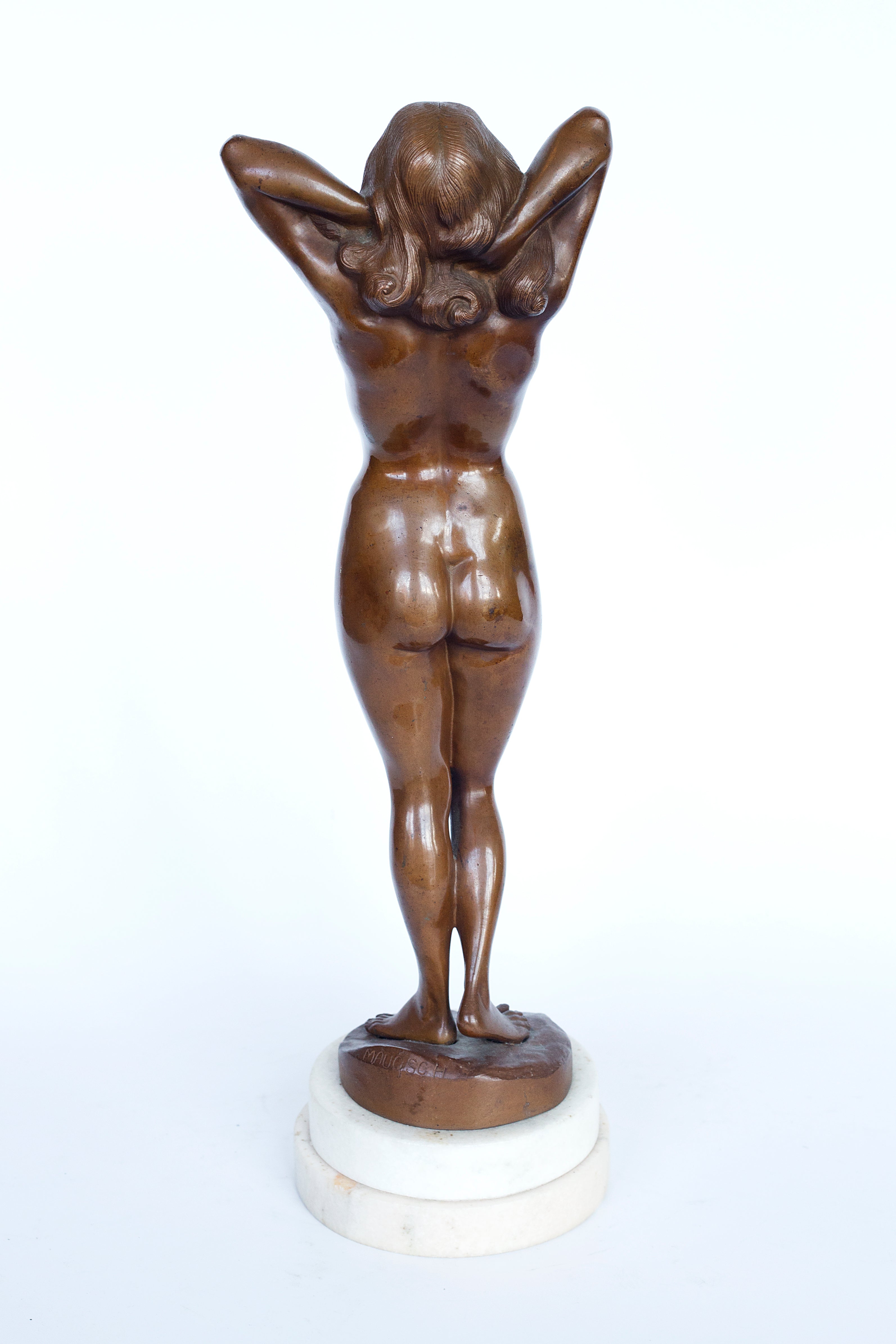 Bronze figure of a nude woman on a marble base signed by Gyula (Julius) Maugsch (Hungarian 1882-1942)