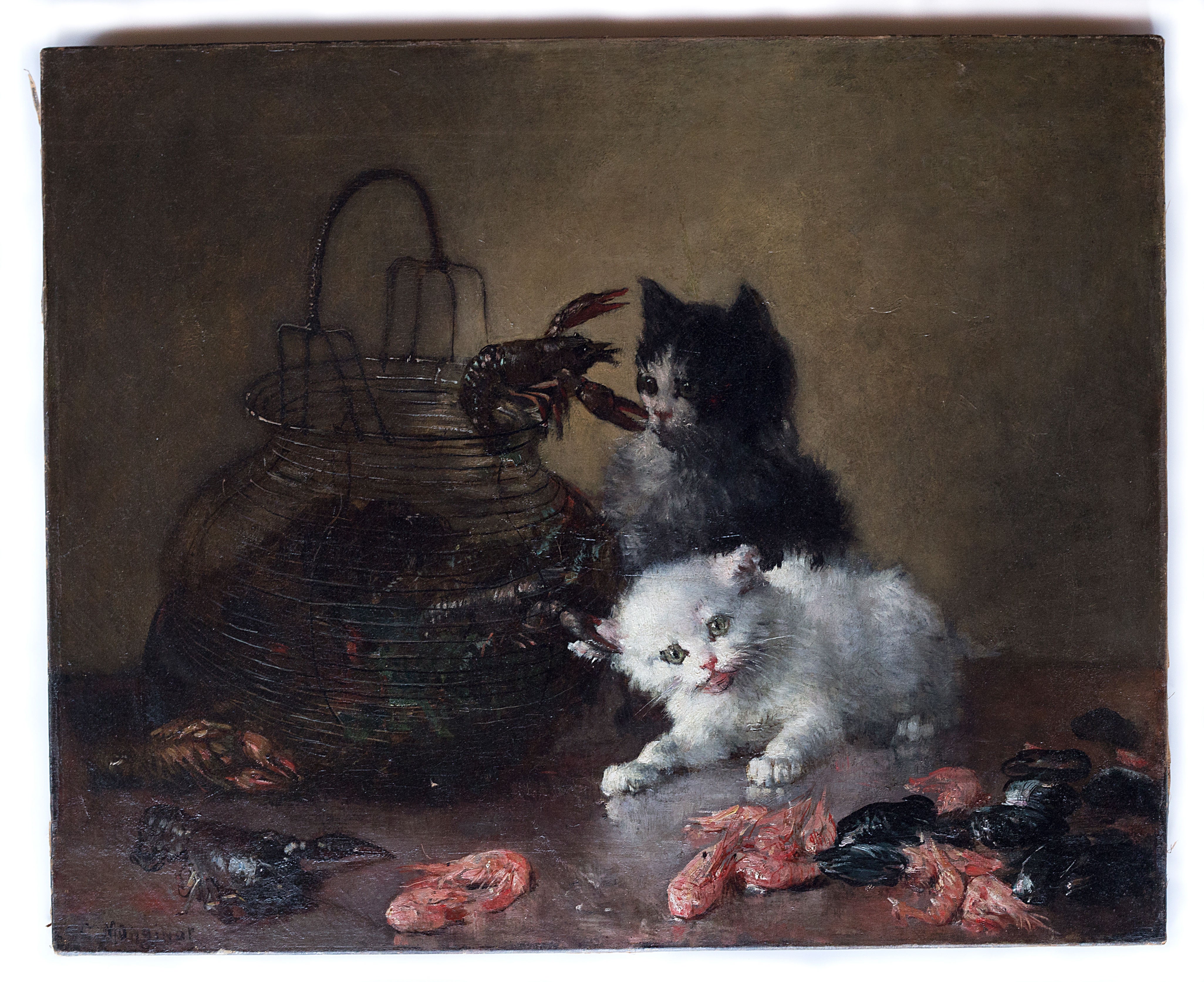 La pintura de Charles Monginot (1825-1900) representa gatitos y mariscos, óleo sobre lienzo.