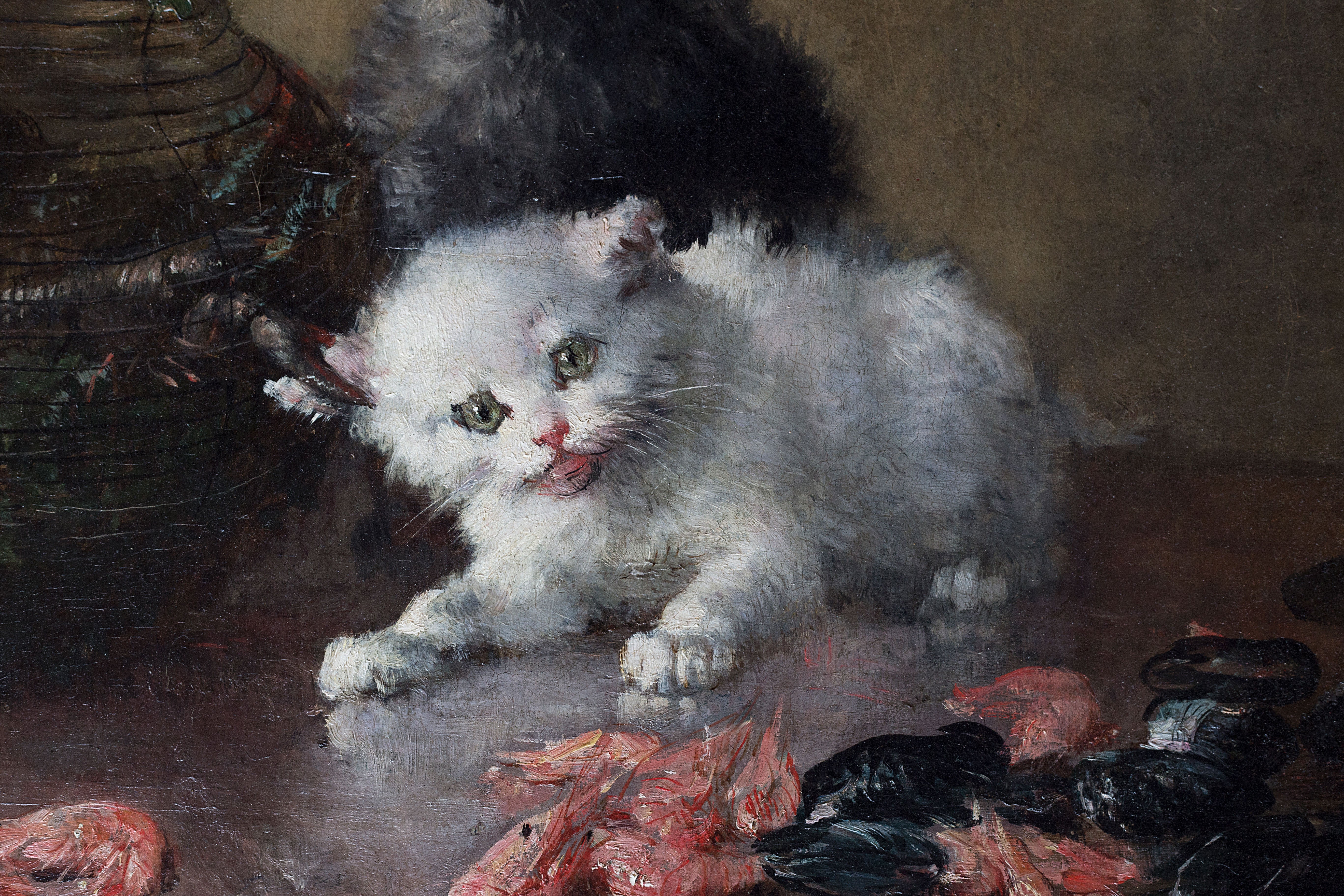 La pintura de Charles Monginot (1825-1900) representa gatitos y mariscos, óleo sobre lienzo.