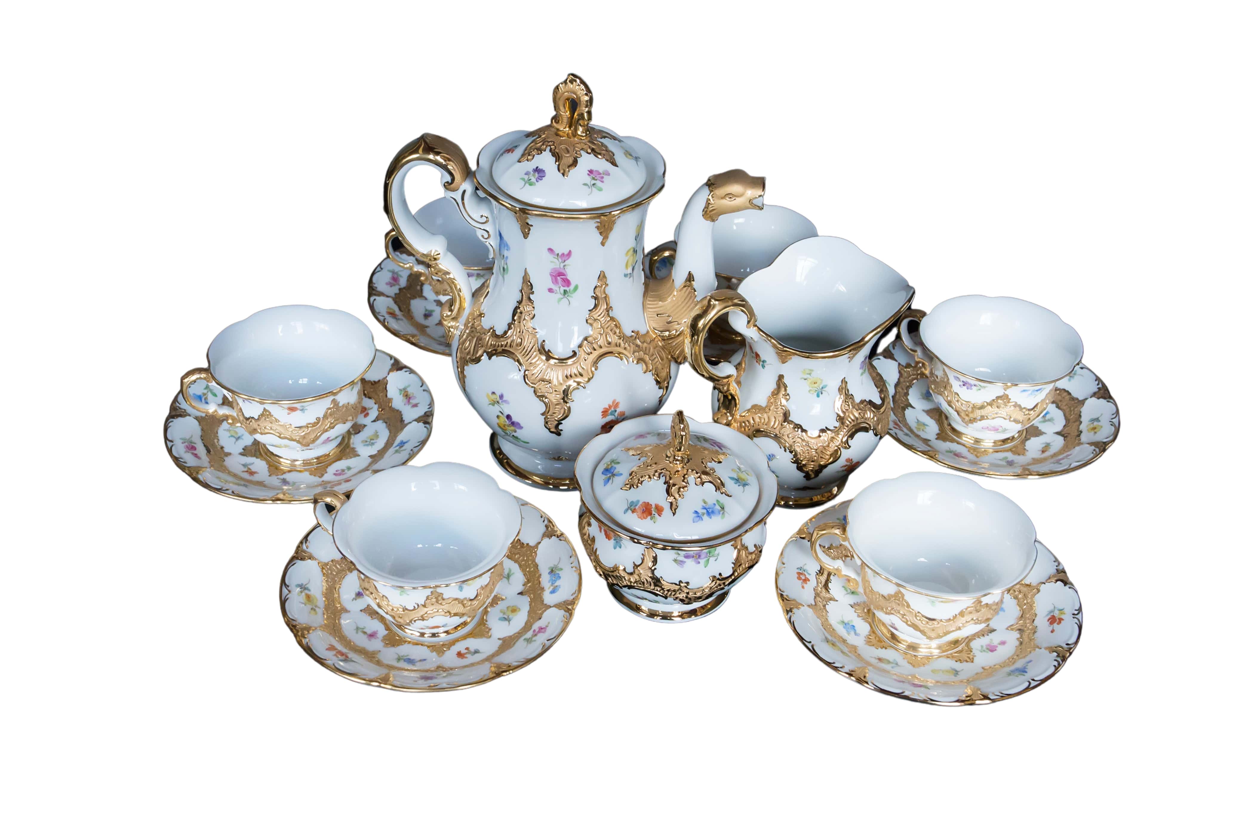 Antiguo neobarroco "Royal B&amp;X Englisch" de la fábrica de Meissen juego de té de porcelana pintado a mano