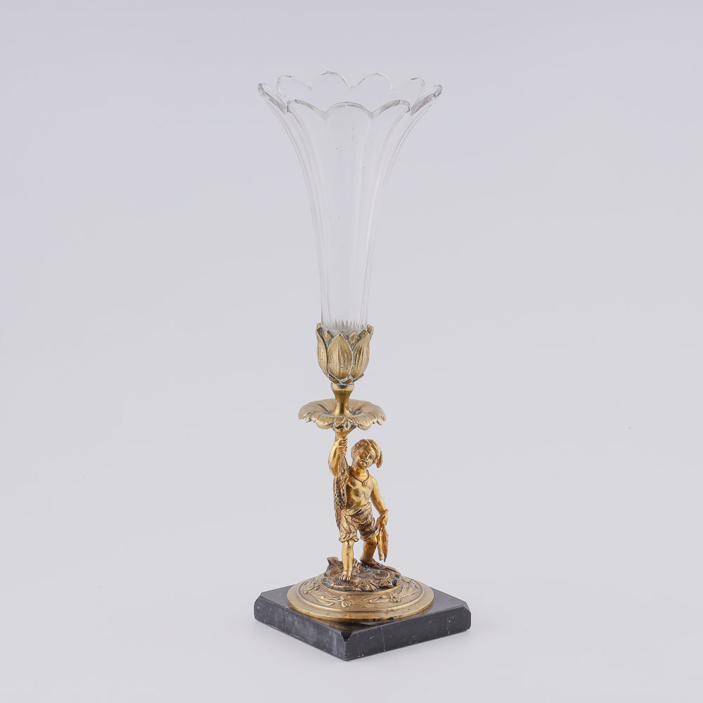 Antique crystal vase with neopolitan fisherman on a bronze plinth