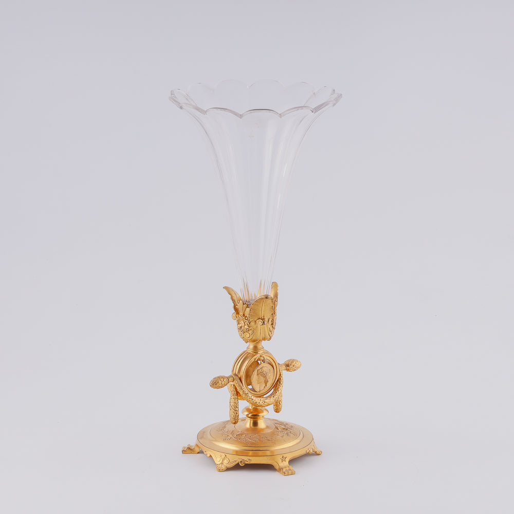 Crystal vase on giraldical gilt bronze plinth with two medallions