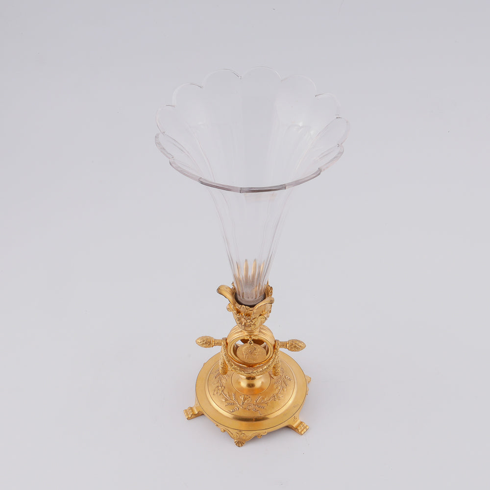 Crystal vase on giraldical gilt bronze plinth with two medallions