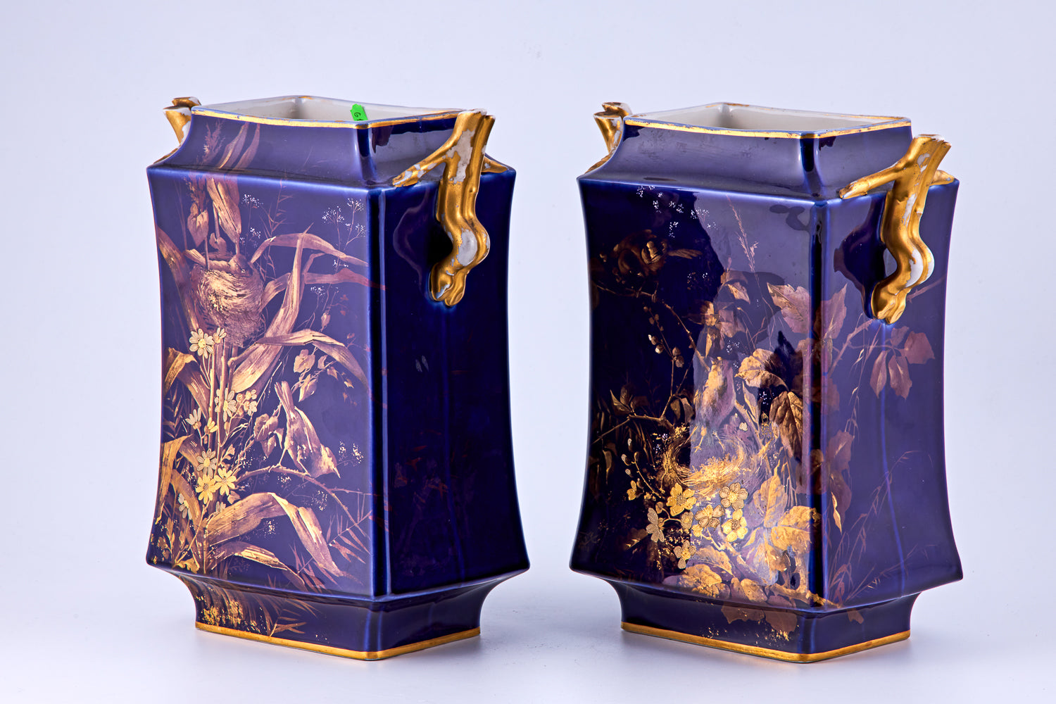 Pair of Limoges Cobalt Blue & Raised gold porcelain vases with floral motifs