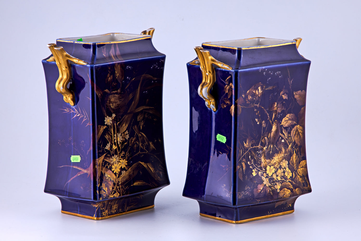 Pair of Limoges Cobalt Blue & Raised gold porcelain vases with floral motifs