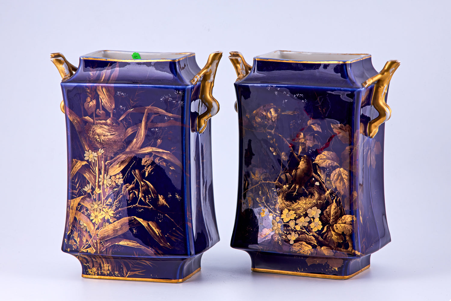 Pair of Limoges Cobalt Blue & Raised gold porcelain vases with floral motifs