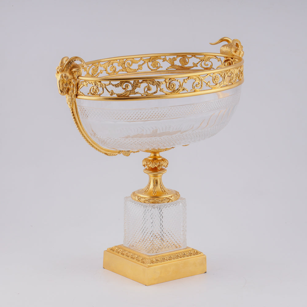 Large crystal fruit vase in gilded bronze setting