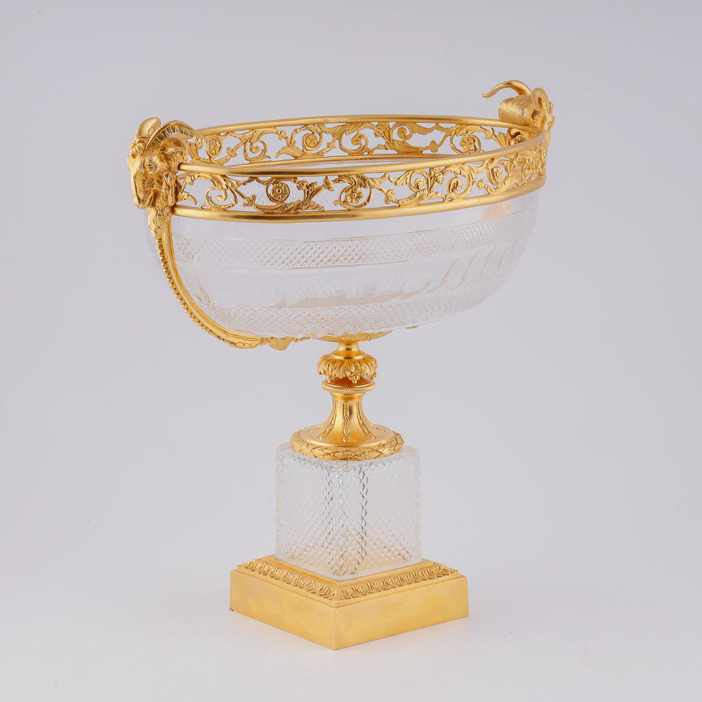 Large crystal fruit vase in gilded bronze setting