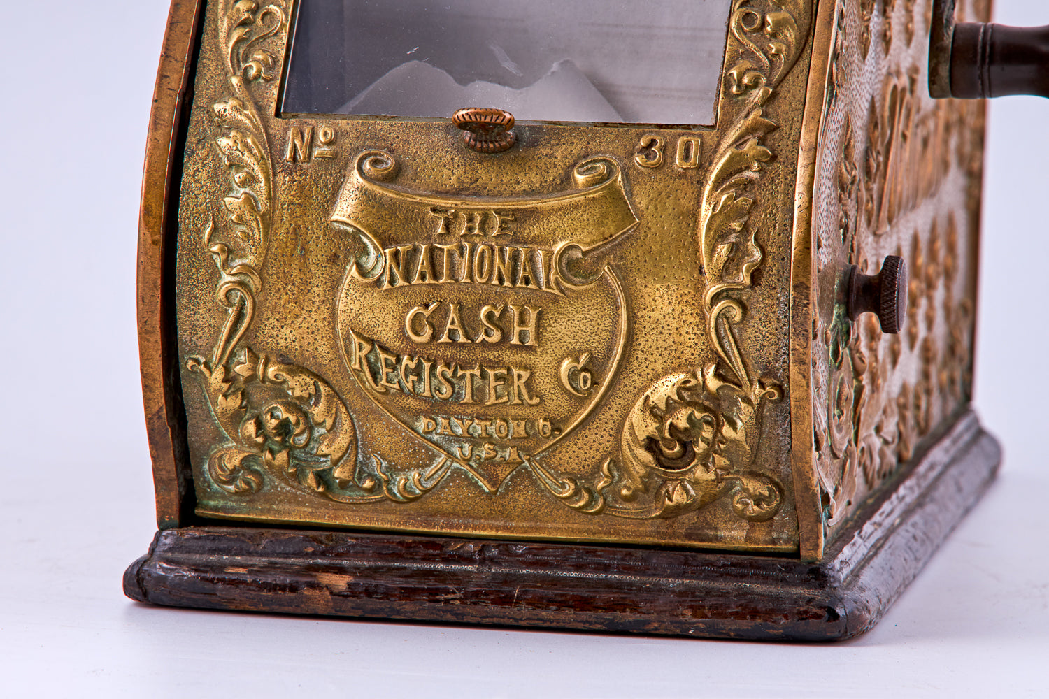 Antique portable brass cash register signed “The national cash register PAYTON O. U.S.A.” by “National”