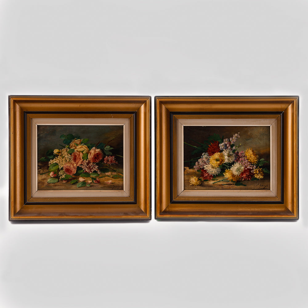 Pair of paintings of a still life with asters and peonies