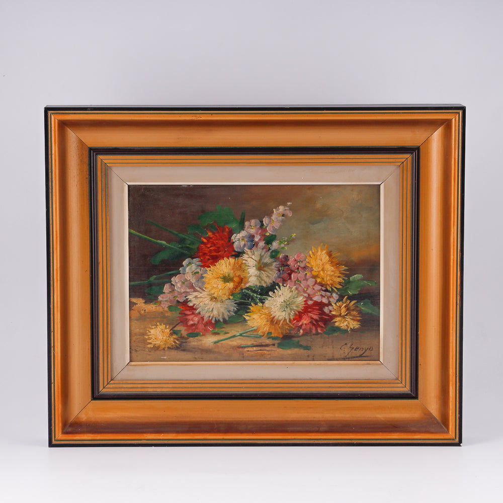 Pair of paintings of a still life with asters and peonies