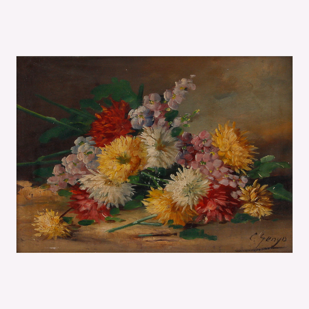 Pair of paintings of a still life with asters and peonies