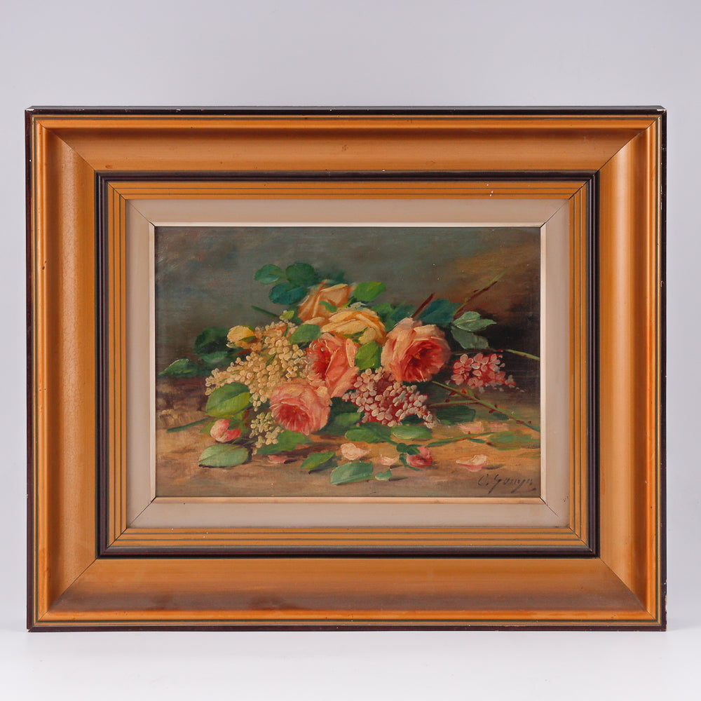 Pair of paintings of a still life with asters and peonies