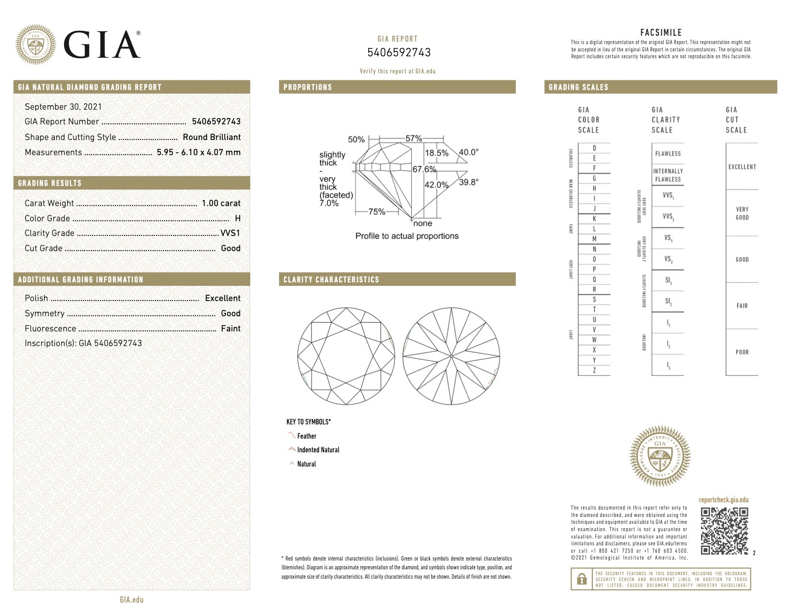 GIA certified 1 carat VVS1 clarity round brilliant cut loose diamond of H color