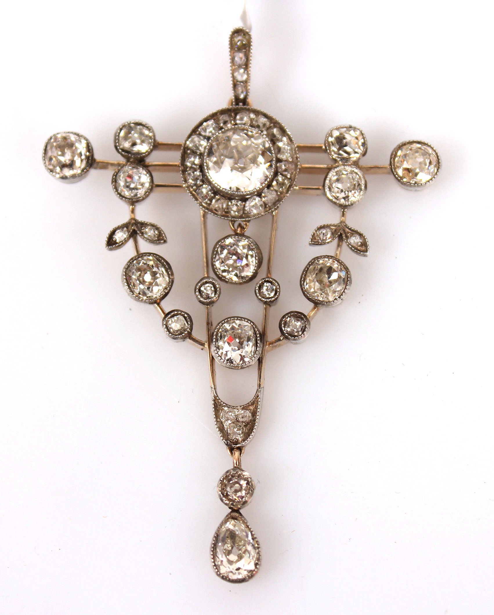 Antique gold and silver pendant/pin brooch set with natural diamonds