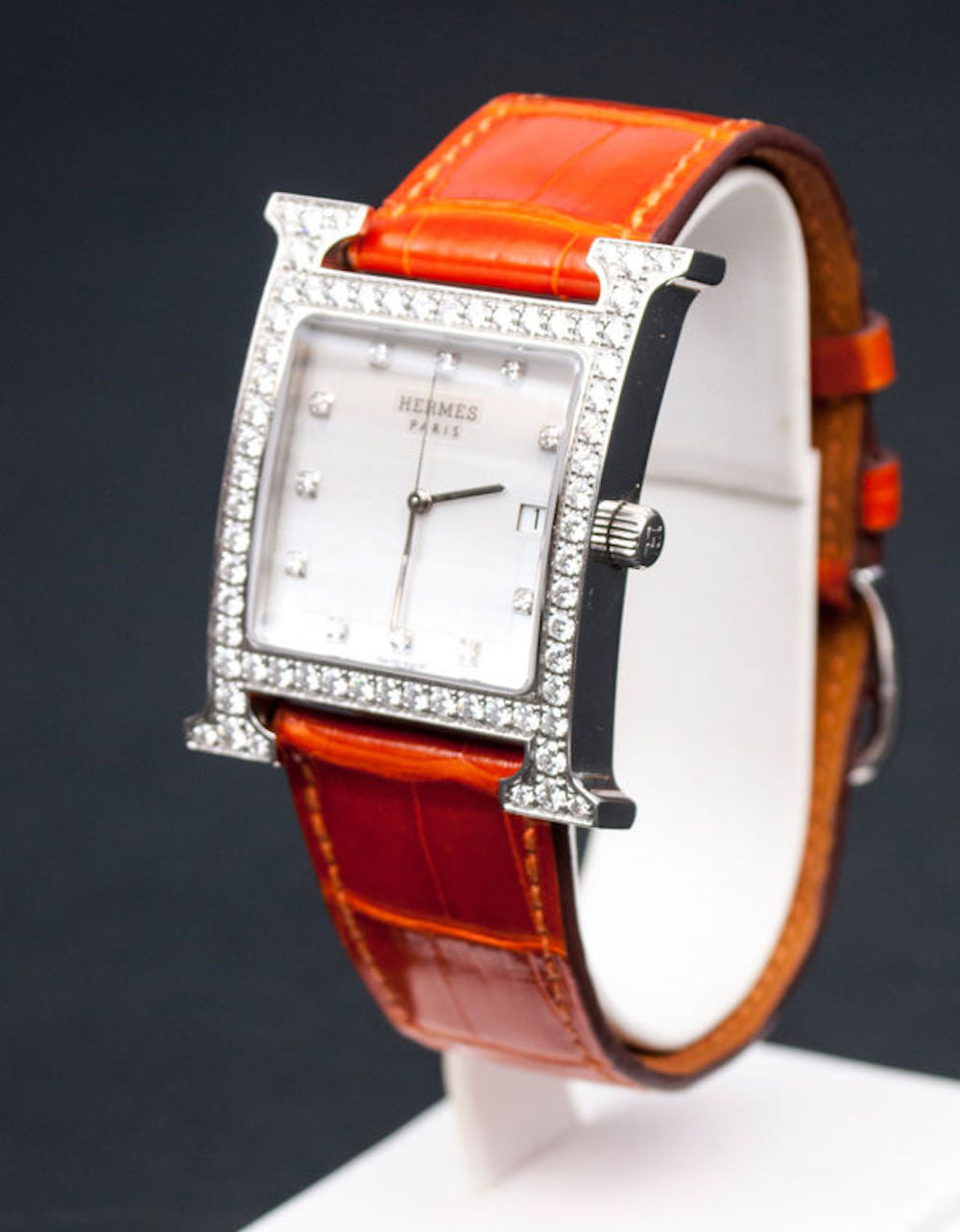 Hermes silver Diamond Dial with Diamond Case wristwatch