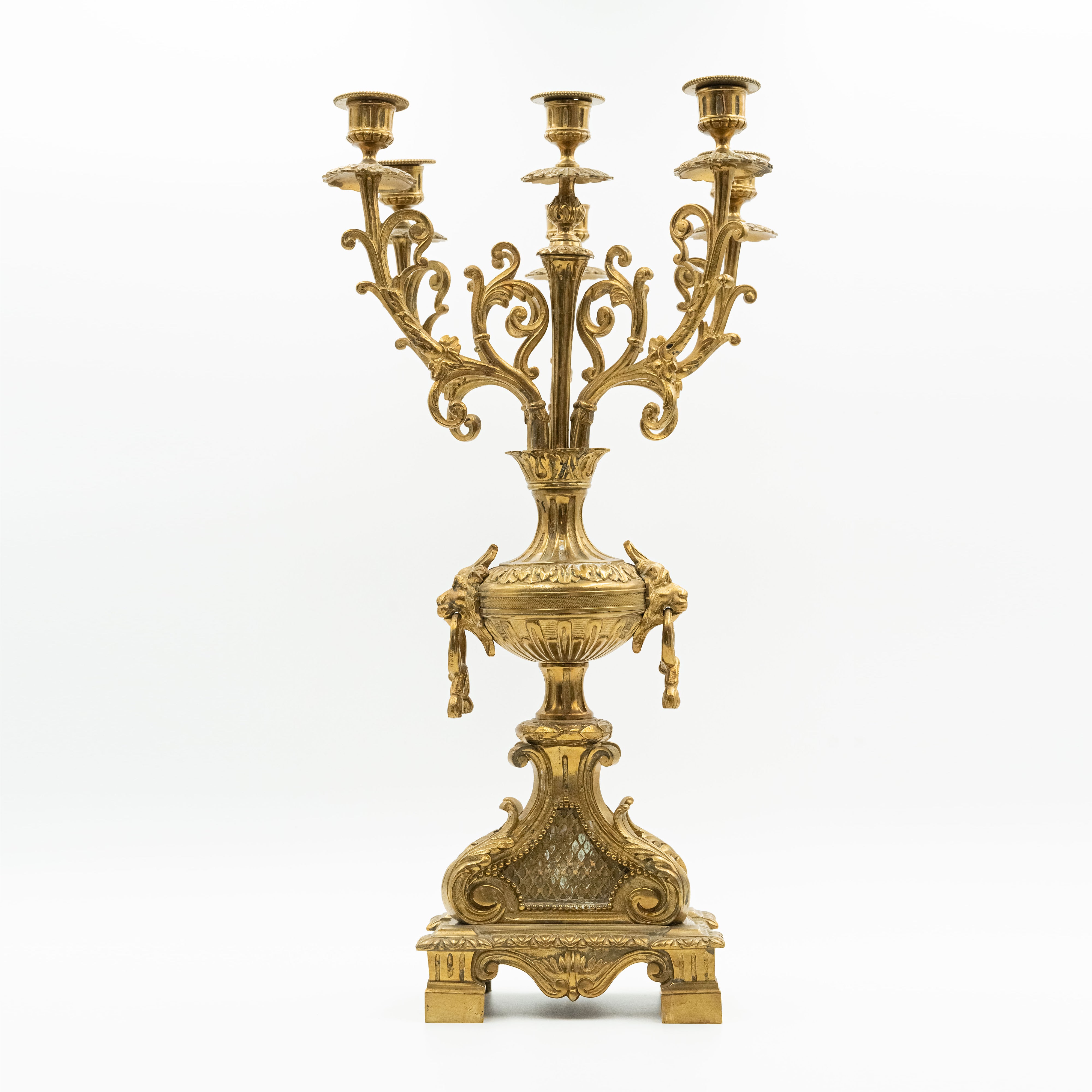 Antique Eclectic style bronze mantel clock with two candelabras in the style of Napoleon 3rd. decor