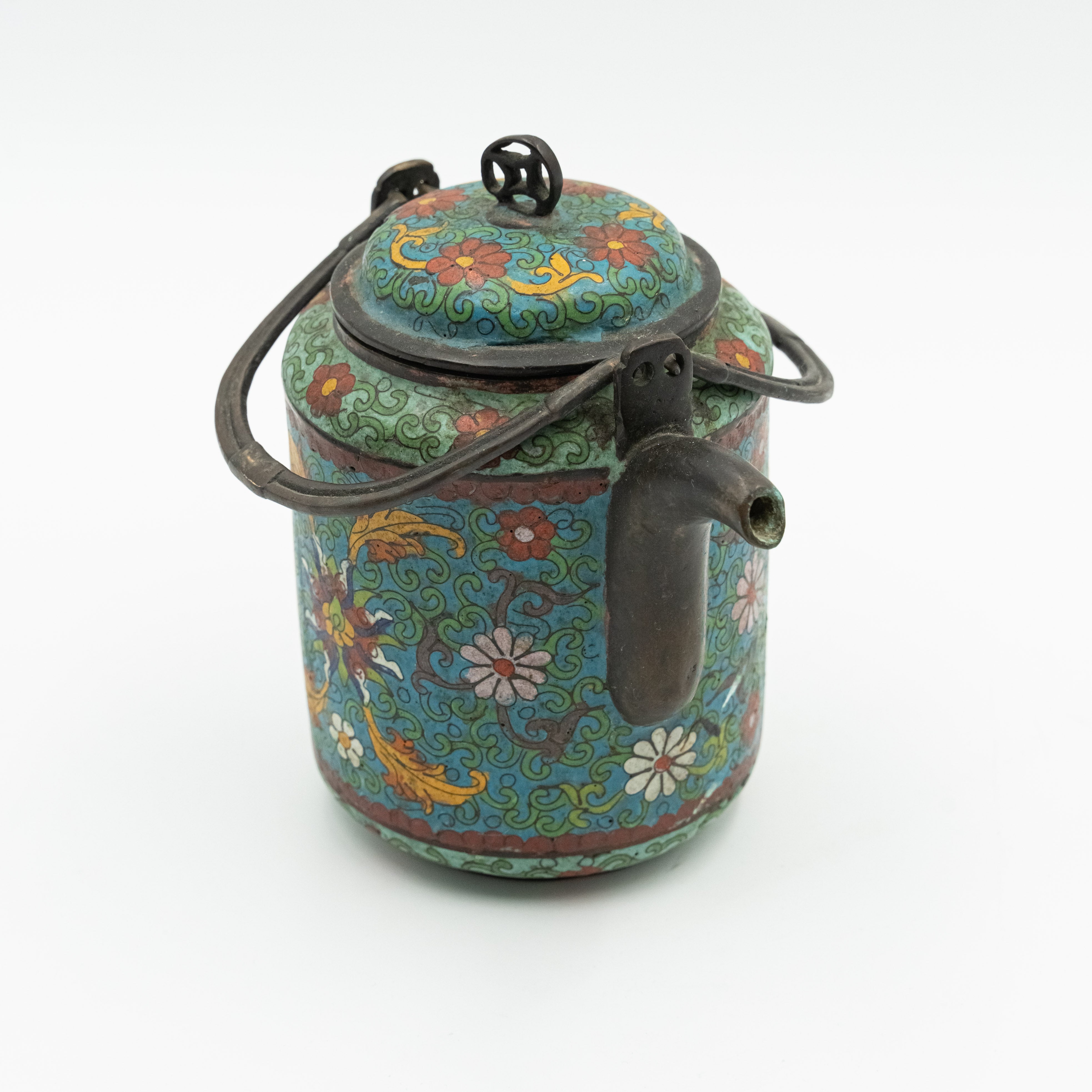 Antique Chinese bronze and cloisonné enamel ceremonial tea pot