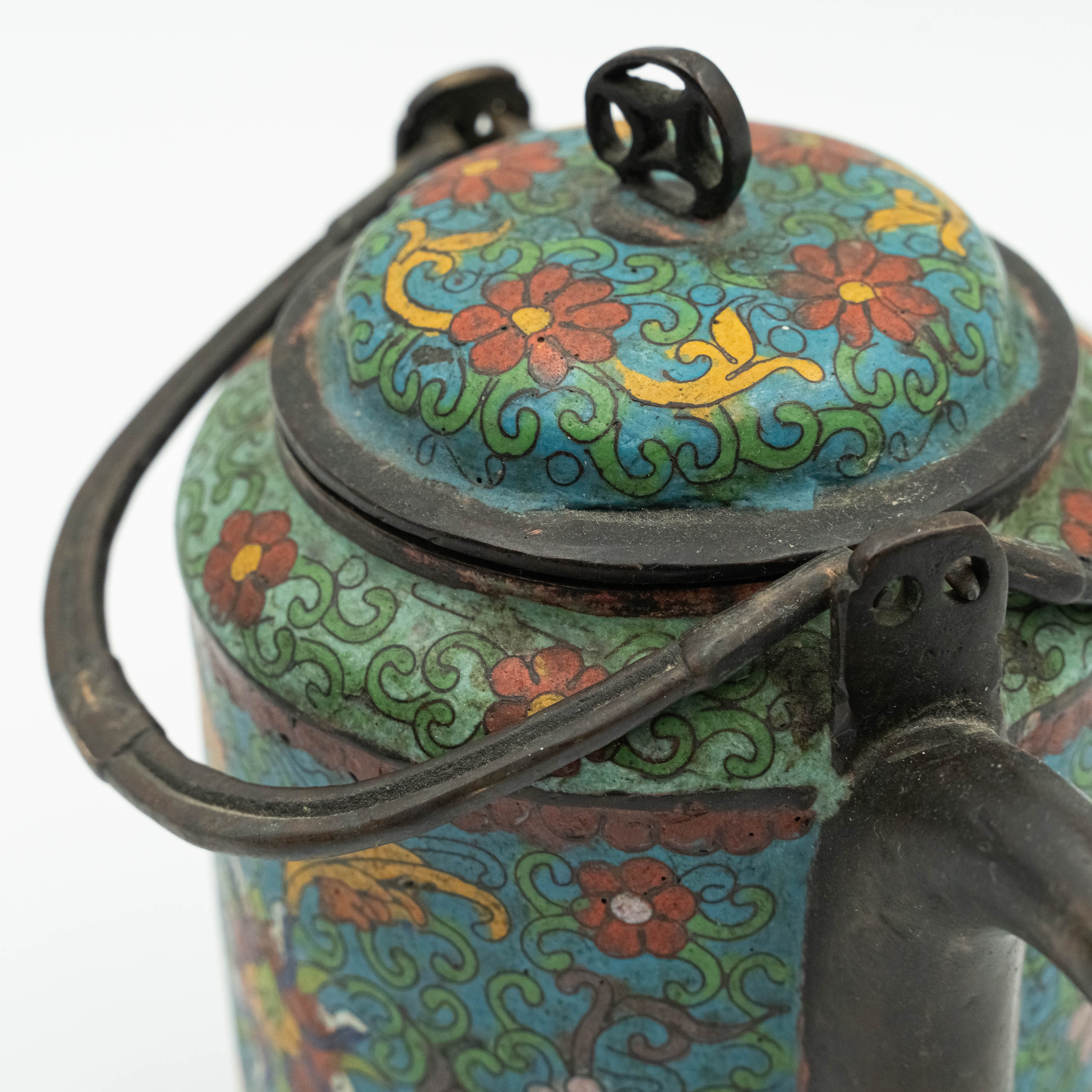 Antique Chinese bronze and cloisonné enamel ceremonial tea pot