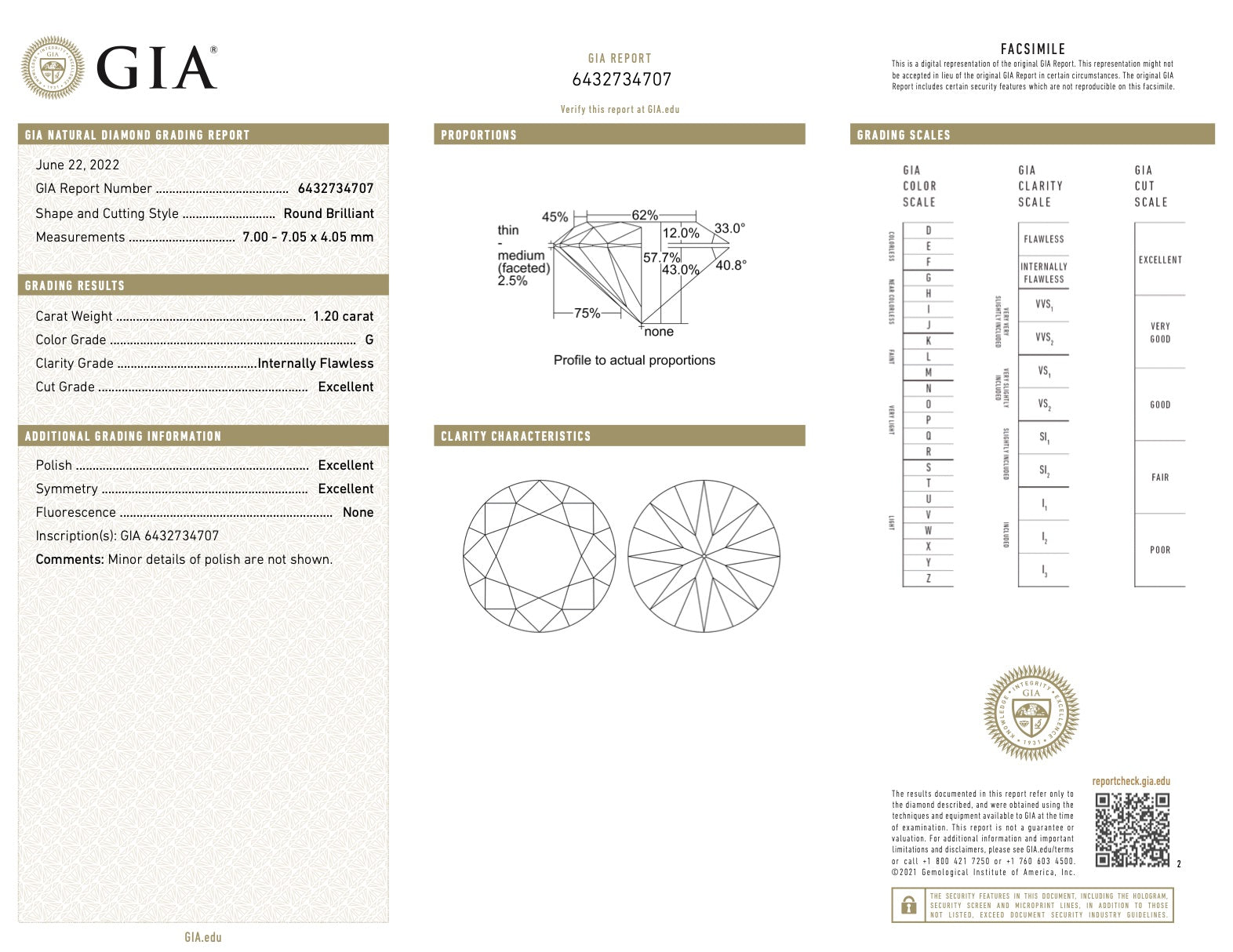 GIA certified 1.20ct IF clarity round brilliant cut loose diamond of G color