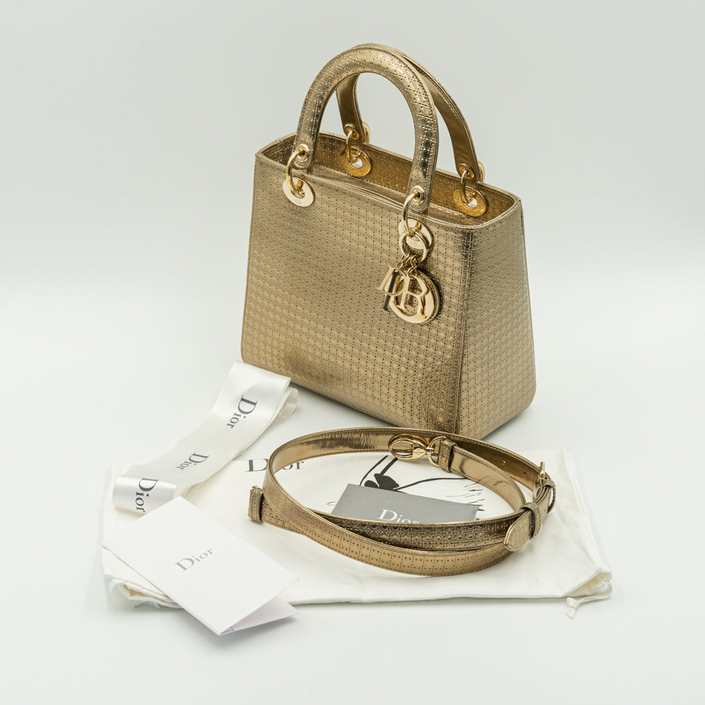 Lady Dior medium size gold Microcannage metallic calfskin bag