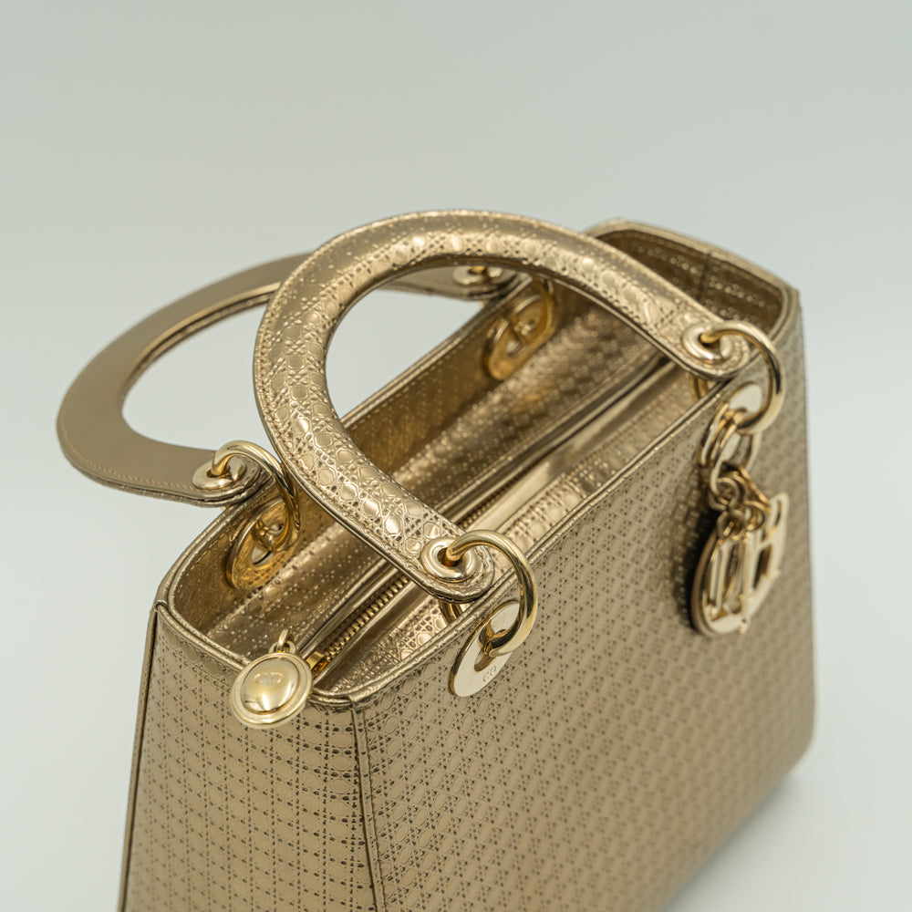 Lady Dior medium size gold Microcannage metallic calfskin bag