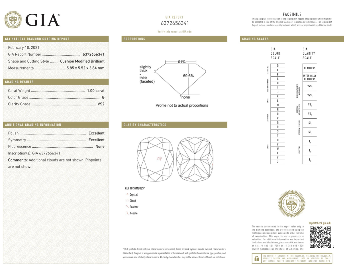 1 carat G color Cushion-cut VS2 clarity diamond