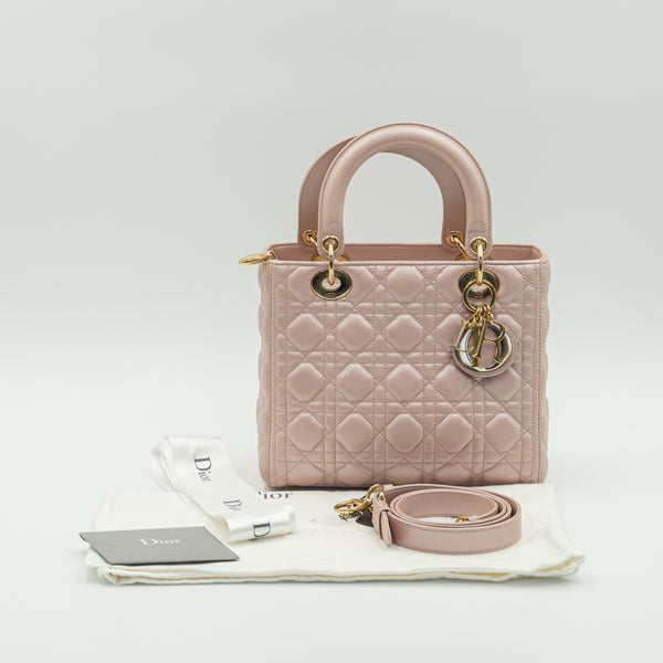 Christian Dior Pearly Pink Cannage Quilted Lambskin Lady Dior Medium  Q9B03U1IP7053