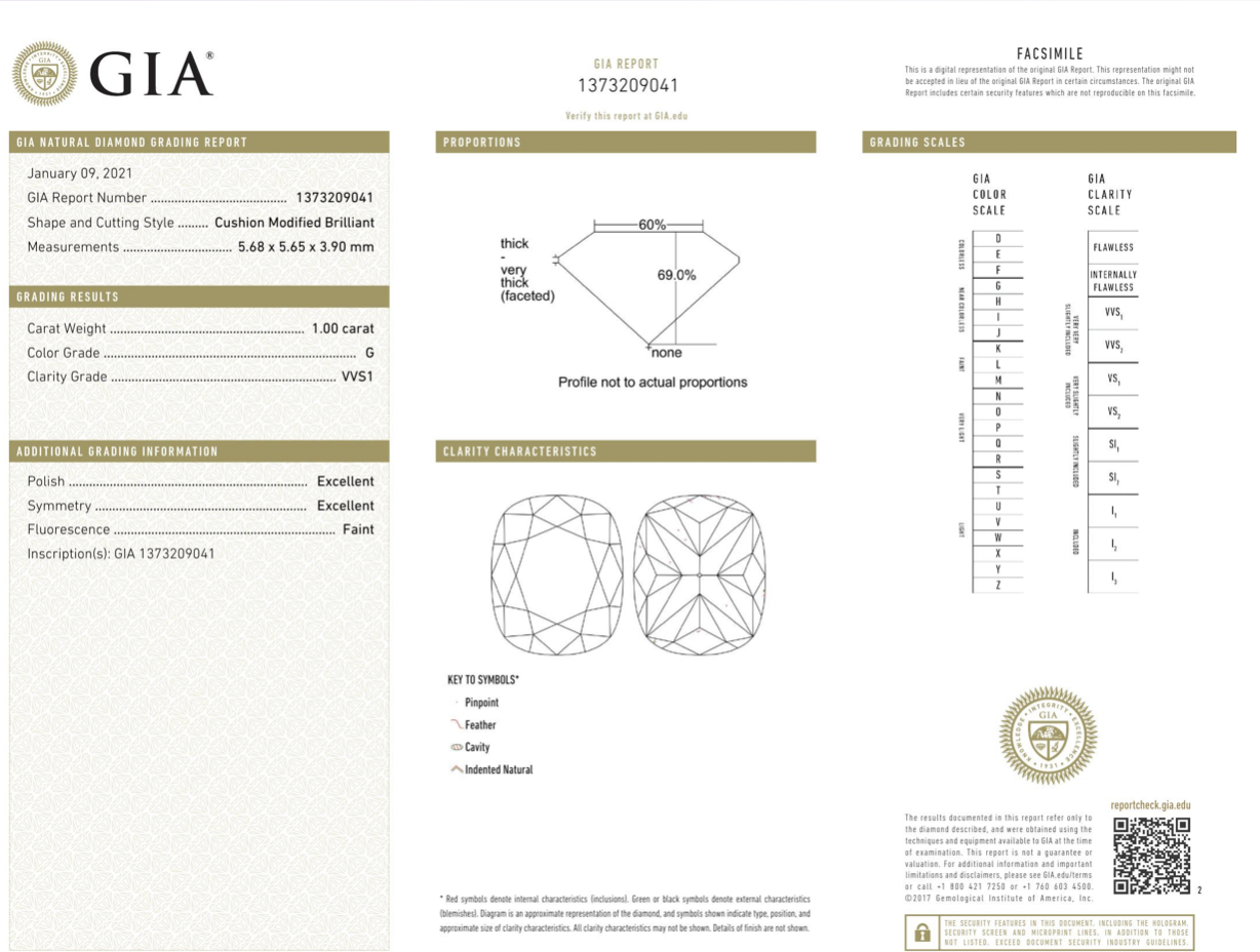 1 carat G color Cushion-cut VVS1 clarity diamond