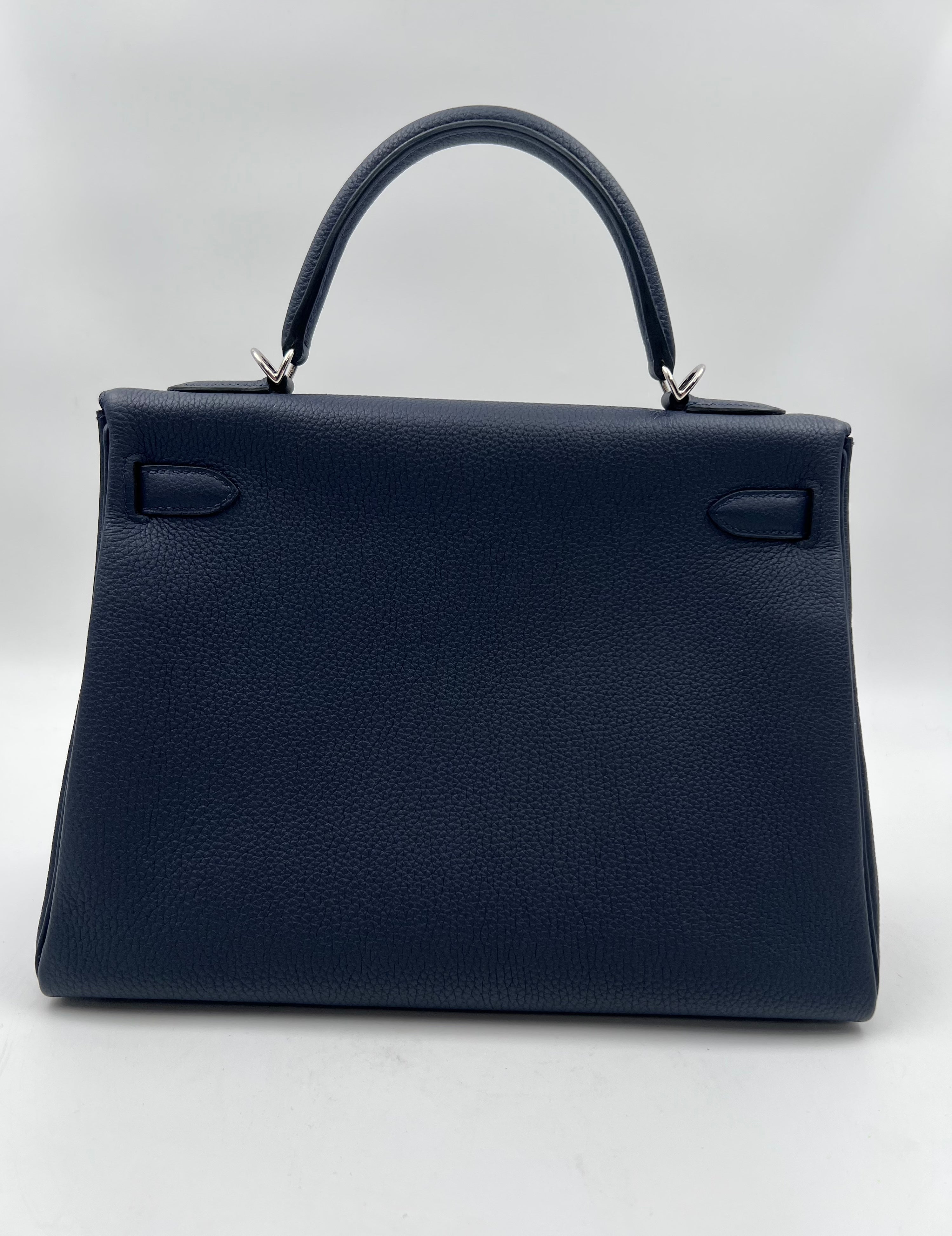 Juego completo de bolso de mano Hermes Kelly Retourne 32 de cuero Blue Nuit Togo