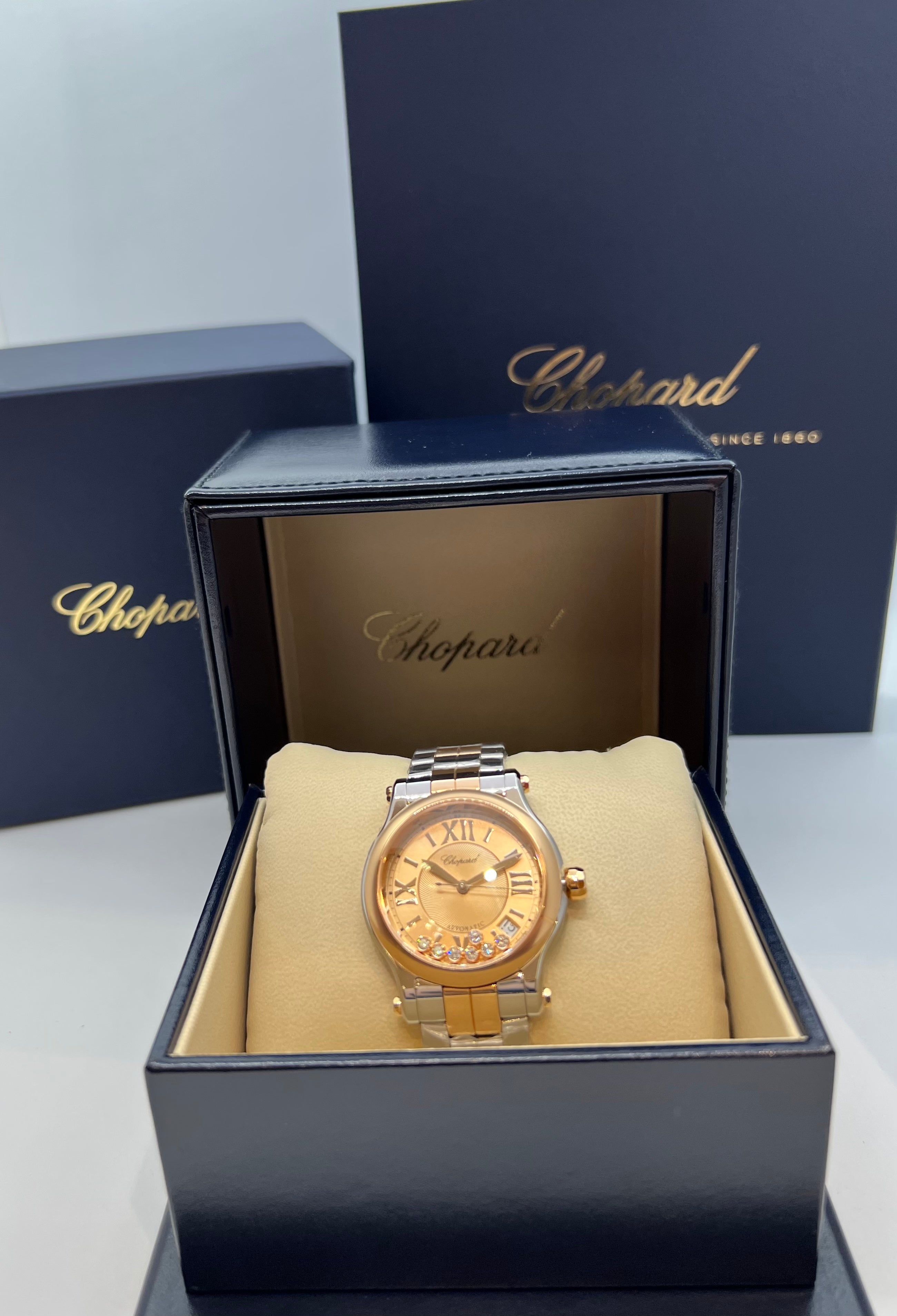 FULL SET ladies TWO TONE CHOPARD HAPPY SPORT AUTOMATIC WRISTWATCH 33 MM