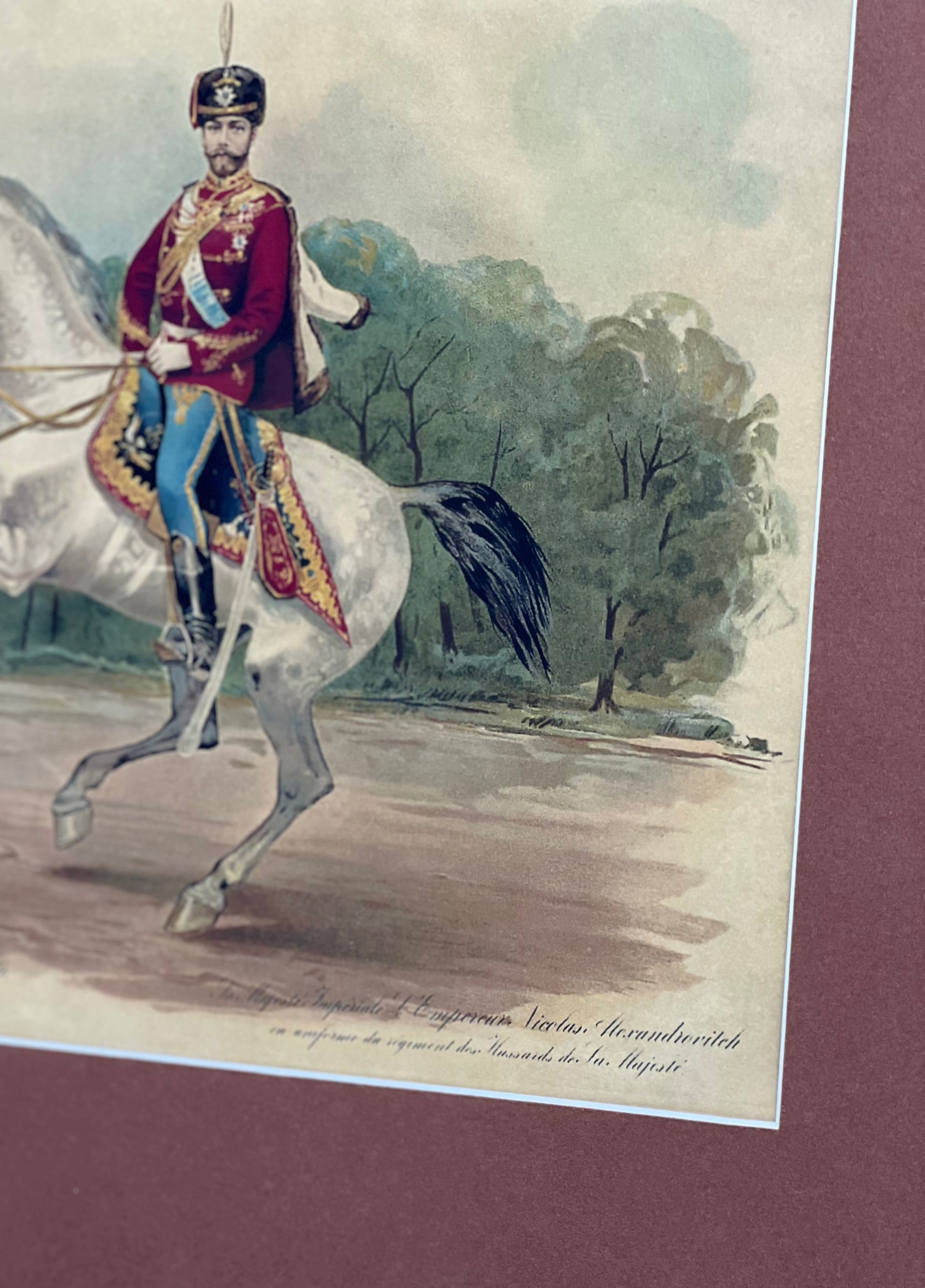 Delicate lithography of His Imperial Majesty Emperor Nicholas II riding a majestic white steed